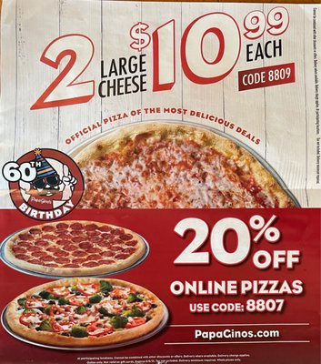 Coupon Code for 20% off online pizza orders & 2 Large Cheese for $10.99 each!