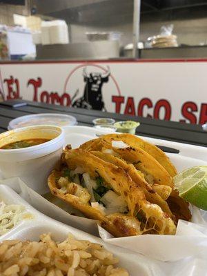 Shrimp Quesabirra Taco Plate, Mini sides of Guacamole and Sour Cream,  Shrimp Ceviche.