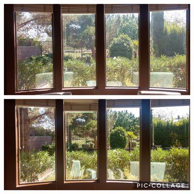 Even the insides of your windows can build up dust over time. The top is a before and the bottom is after.