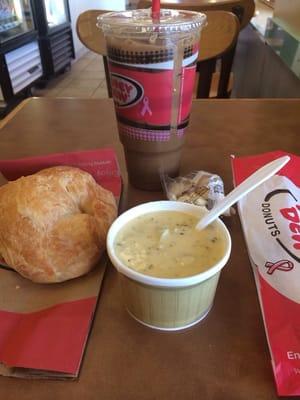 Not a bad lunch! Broccoli cheddar soup, croissant, cappuccino, and a raspberry stick for later.