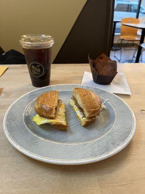 Cold brew, sausage egg & cheese breakfast sandwich and chocolate chip cappuccino muffin!