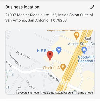 We are located Inside salon suite of San Antonio 
In suite 125# come and see us