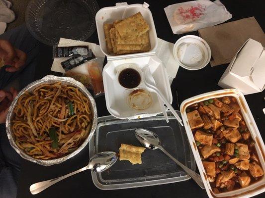 Scallion pancakes, ma Po tofu, and roasted pork Lo mein