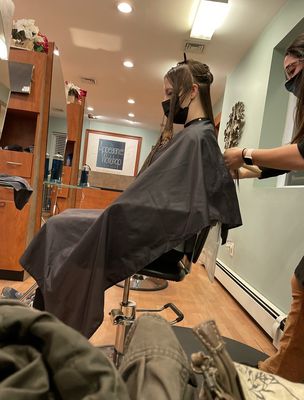 This is my mom in the Salinger chair enjoying her hair cut!!!