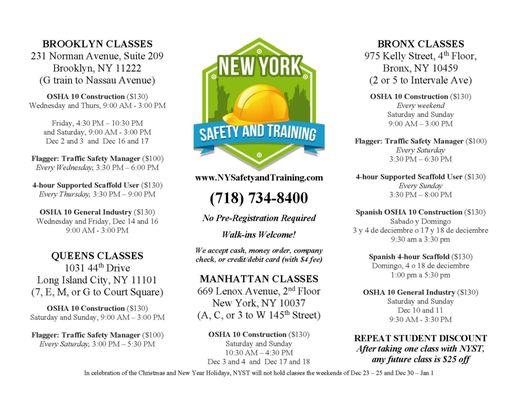 NYST upcoming class flyer. More information and online discount registration available at NYSafetyandTraining.com