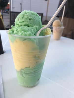 Large (3scoops) key lime, pina colada, key lime.  (In the background is a small- 2 scoops, peanut butter) The portions are large!