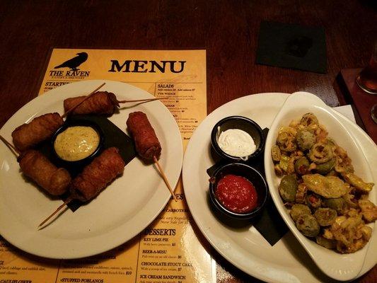 IPA Beer battered corn dogs & Fried Olives