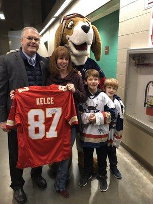 TOPEKA Pilots!!! Ace, Mr. Hunt and winner of Chiefs jersey!  Mr. Hunt welcome the fans as they arrive!!! Awesome experience, great family!