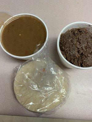 One pound of all meat barbacoa and an order of beans with 12 tortillas