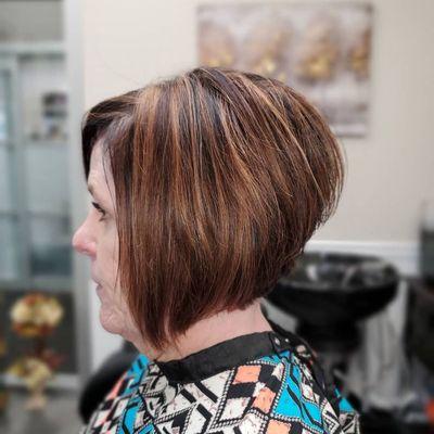 Stacked Bob with color and highlights. 
Master Stylist Janine