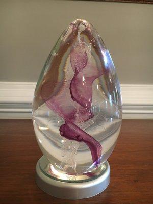 Crystal Remembrance hand-made art with small amount of cremated remains (white spiral).