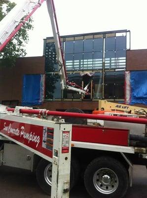 Pumping into a window of the Drake Law Library