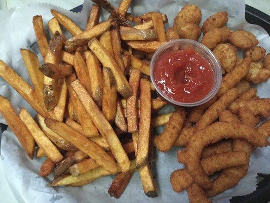 Popcorn shrimp and clam strips with Fries