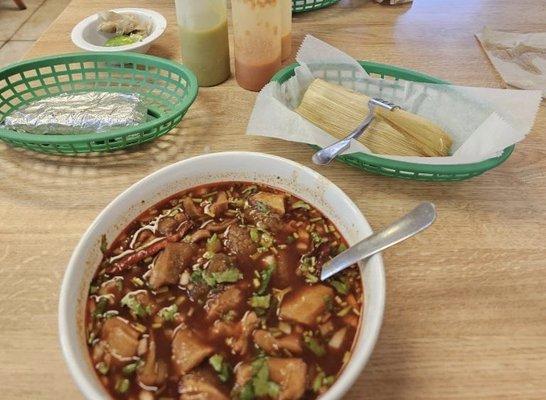 Green chili, chicken tamale, menudo.