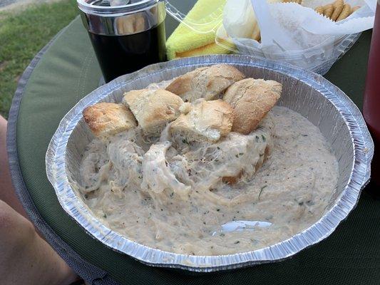 Delicious crab dip, when you order it to go it gets a little smushed