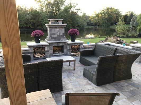 Fireplace patio Tumbled Unilock brick pavers, All Natural Landscapes, Brick Paver patio,