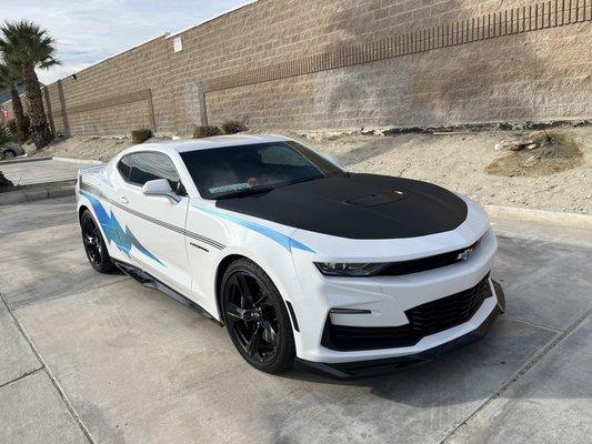 Matte Black Hood and Racing Stripes
Custom Blue Bolt Graphic and Emblems