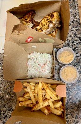 Chicken, fries, coleslaw