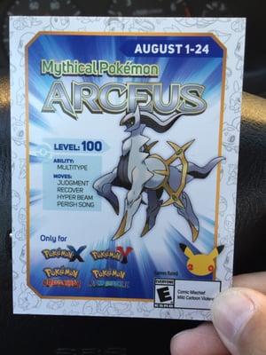 Until Aug 24th you can pickup your free code for Pokemon games but only X,  Y, Omega Ruby and Alpha Sapphire to get the Mythical Arceus