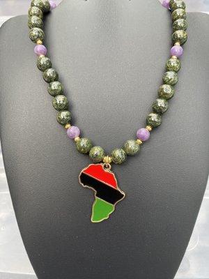 Serpentine and Lepidolite with Africa Pendant