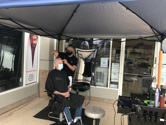 Haircuts inside or outside...your choice. Back by popular demand, we have set a station outside for our clients who enjoyed outside haircuts