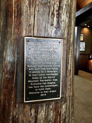 Lodge. Two pillars made from storm damaged 130 years old pines. Fireplace mantel from same trees.