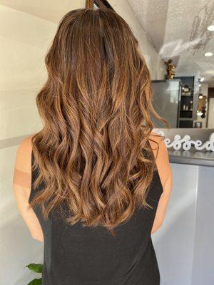 Color, balayage, hair cut, blow dry, curl.