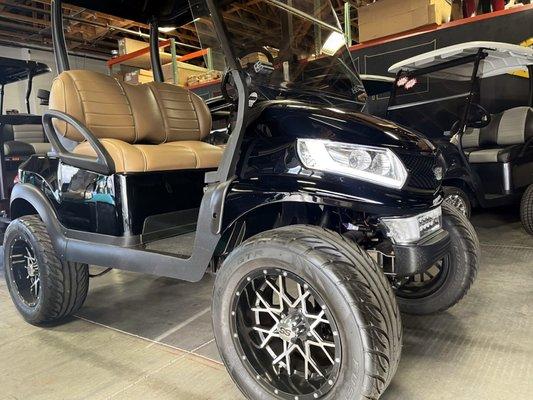 2017 Club Car Piano Black Precedent with Trojan batteries, LED Lights, Custom wheels, 5-panel mirror, and much more. 725-269-4555