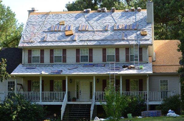 Synthetic underlayment over decking.