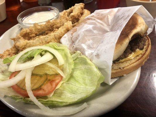 Cheeseburger and onion rings