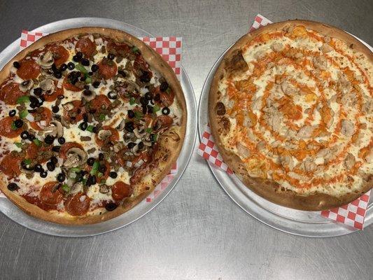 Buffalo chicken and Supreme Pizza