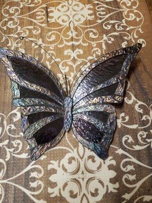 Garden Butterfly in iridescent and grape glass. These are great to hang (built in hook on back) on Fences, trellises or Sheppards hook.