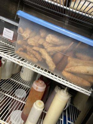 Burritos, Corndogs, Chicken, and Fish. All put in the fridge and will be recooked the fallowing day.