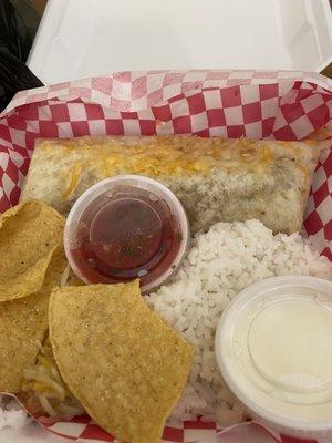 Burrito, rice, beans, and chips for Taco Wednesday