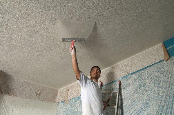 Popcorn ceiling removal, repair and retexture!