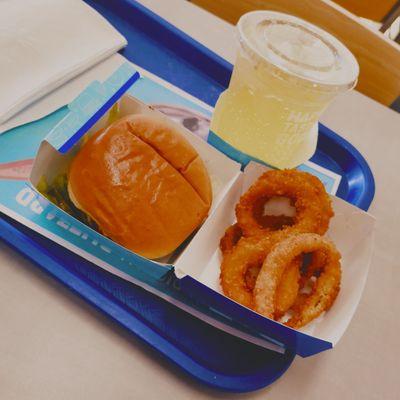 double cheeseburger plus rings and lemonade