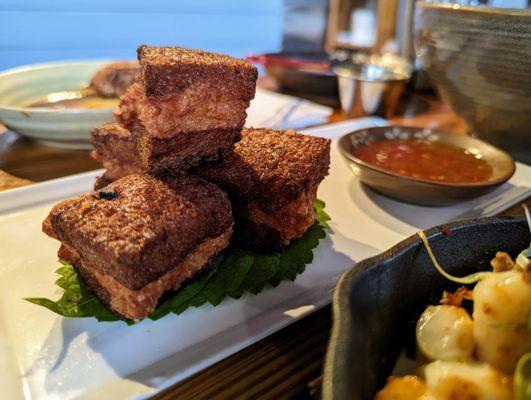 Shrimp Toast. $17. Japanese milk bread, white shrimp, wasabi sweet chili sauce.