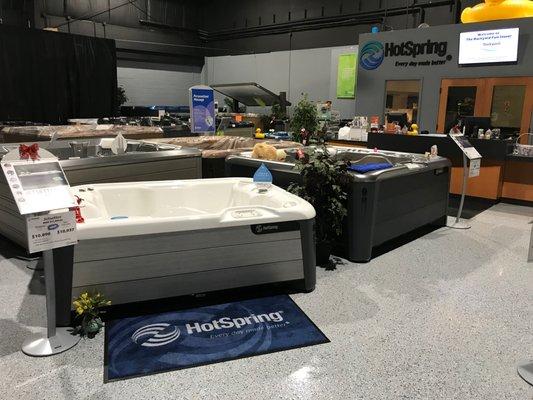 Come visit our huge indoor showroom! We have over 20 Hot Tubs and SwimSpas on display.