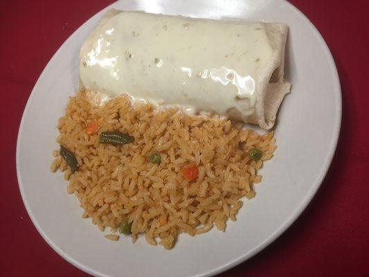 Burrito Lunch #4 rice,fill with shredded chicken & ground beef topped with chesse sauce