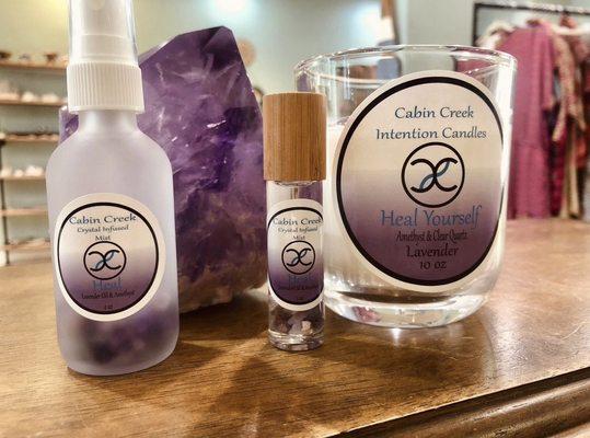 Crystal-infused intention candles, sprays, and rollerballs. All natural and clean ingredients.