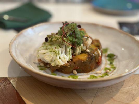 Cod with caponata eggplant Sicilian style