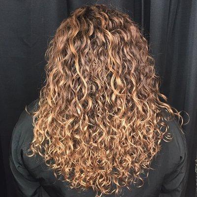 Dry curly haircut with highlights and a shines top coat