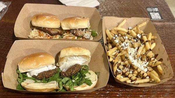 Pork belly sliders, falafel sliders and goat cheese fries