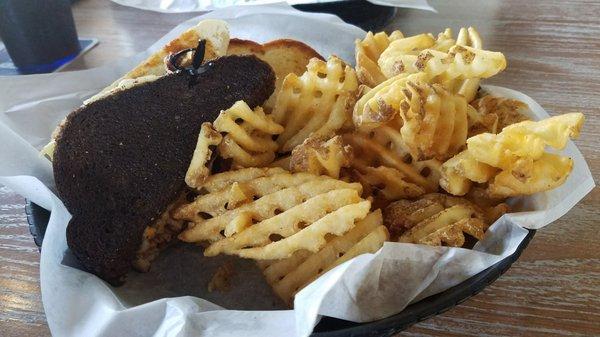 Waffle Fries and the Black and Gold sandwich.