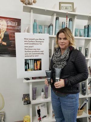 Lori was the winner of the one years worth of surface shampoo and conditioner