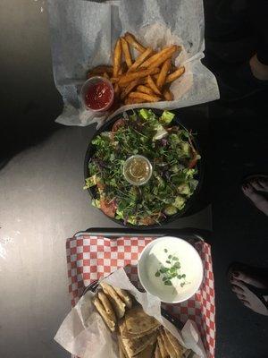 Tzatziki sauce with pita, salad, and fries