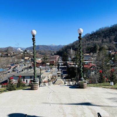 View of Sylva from the top of the stairs to the library