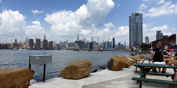 Picnic tables by the water