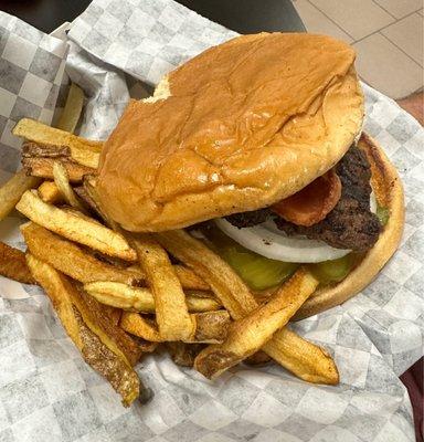 1/4 pound Bacon hamburger and hand cut fries.