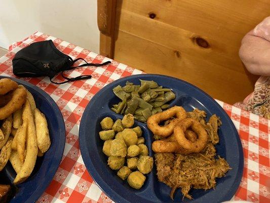 N.C. BBQ Regular Plate, Country Green Beans, Fried Okra, Hushpuppies